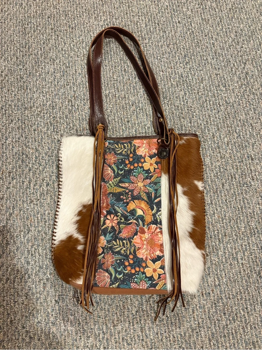 Myra Bag Brown Cowhide Floral Fringe Shoulder Tote